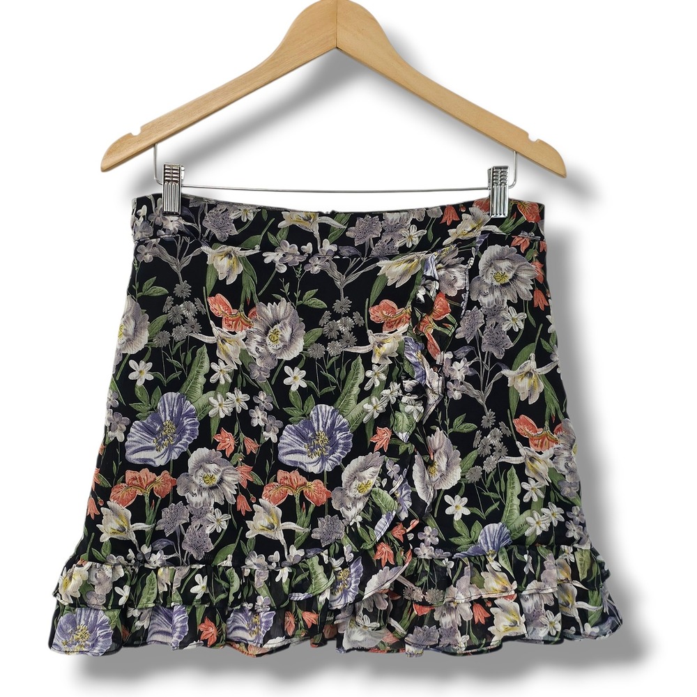 LoveRiche Mini Skirt L Black Dark Floral Ruffle Faux Wrap Chiffon Boho Fairycore